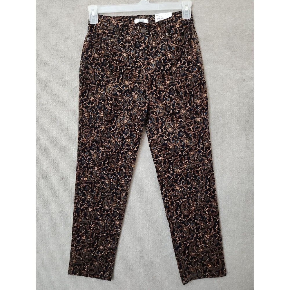 Croft Barrow Corduroy Pants Womens 4 Petite Black Paisley Straight Stretch NEW